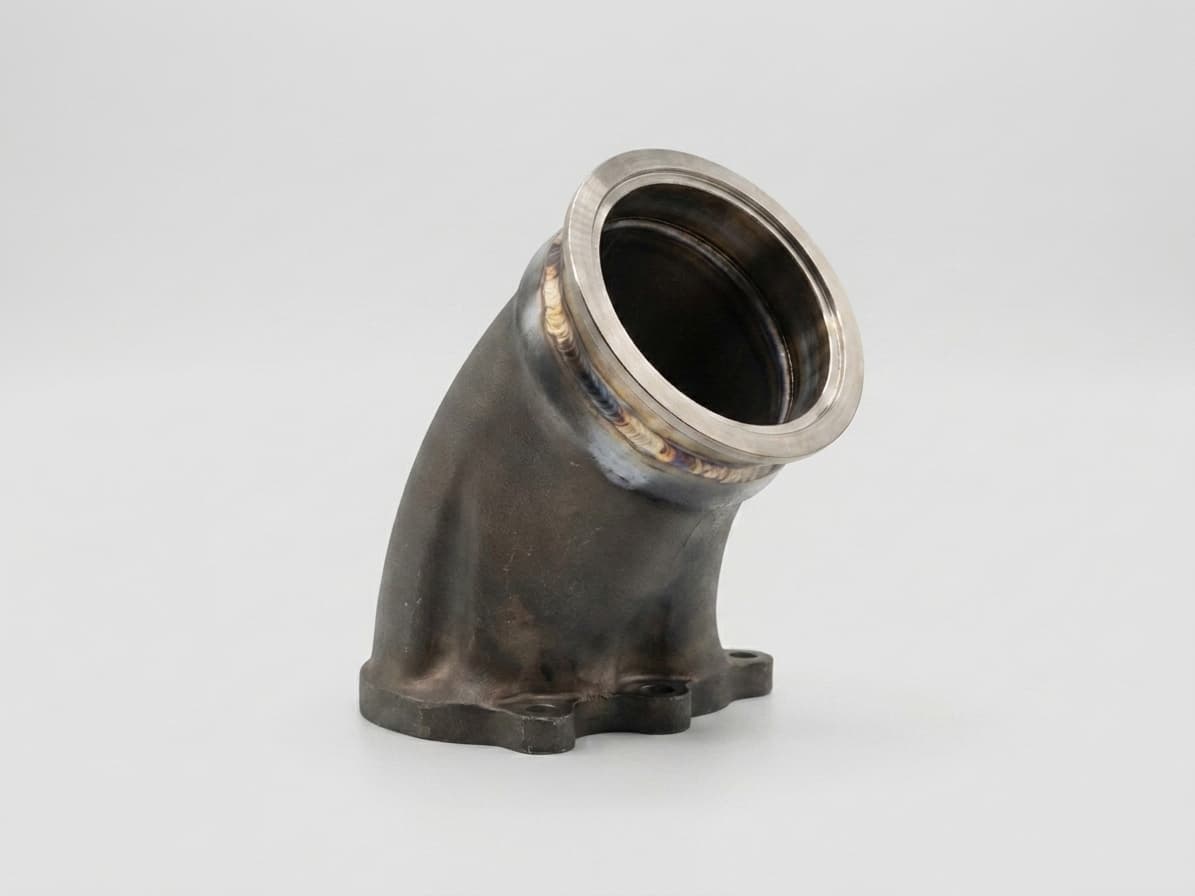 Low-mount Kraken cast V-band adaptor elbow, three-quarter view