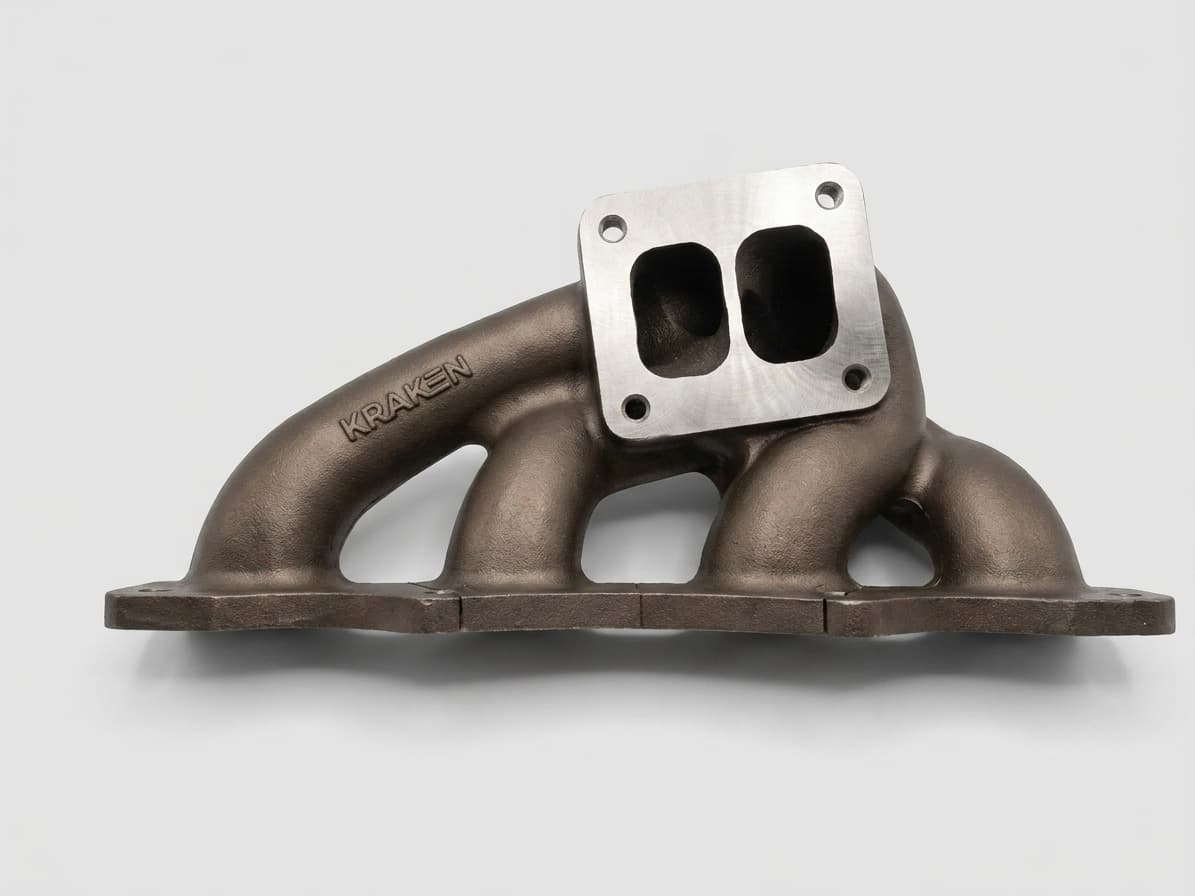 A Kraken T4 twin-scroll cast turbo manifold